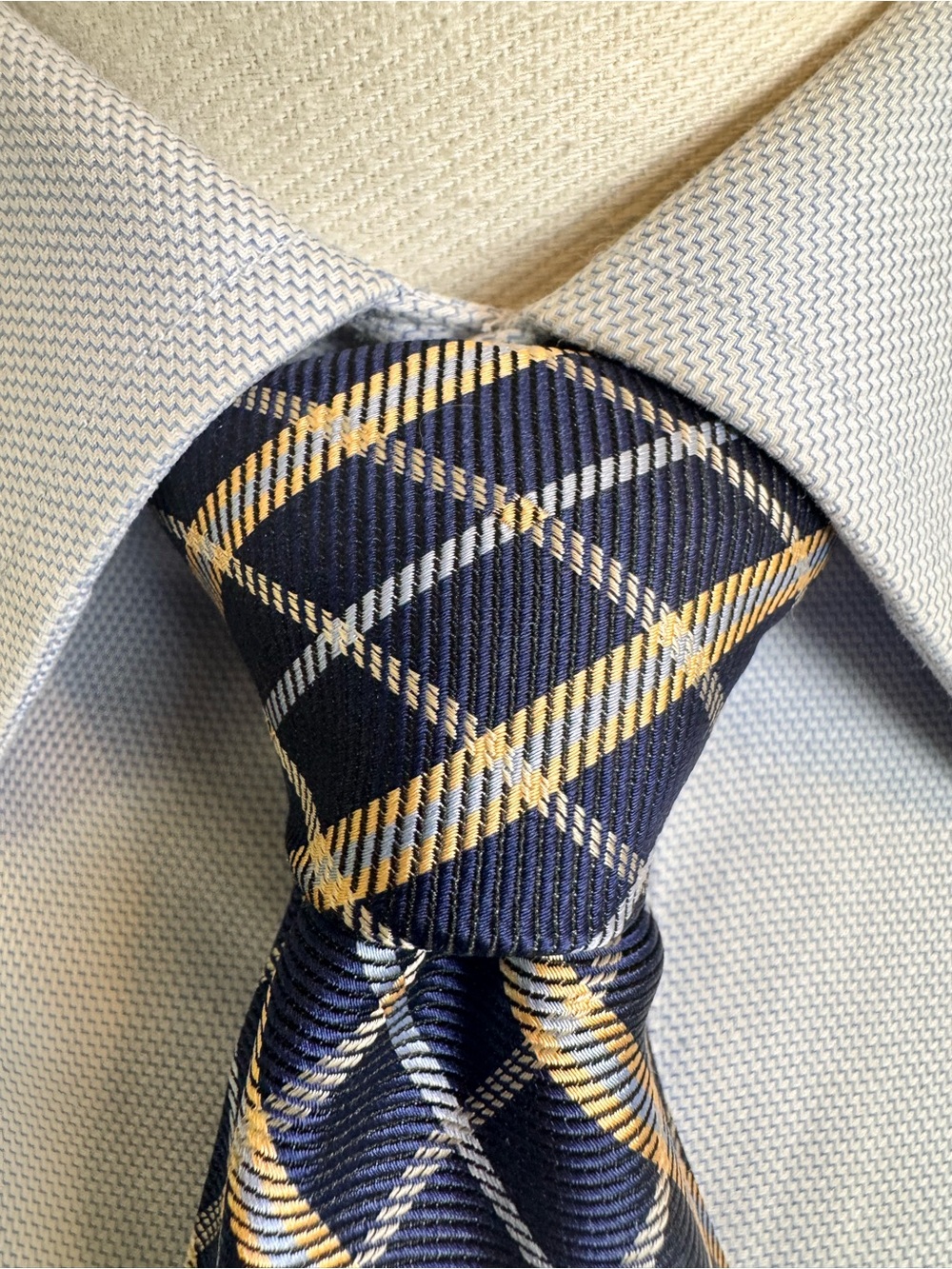 Izod Men’s Necktie Navy Plaid Silk Tie with Yellow and Light Gray Stripes